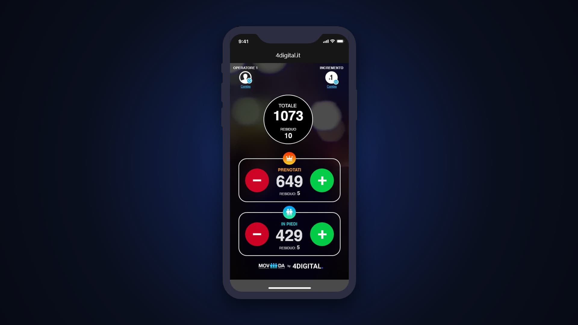L'app Moviiida su uno smartphone: il totale dei presenti e i contatori dei prenotati e dei posti in piedi